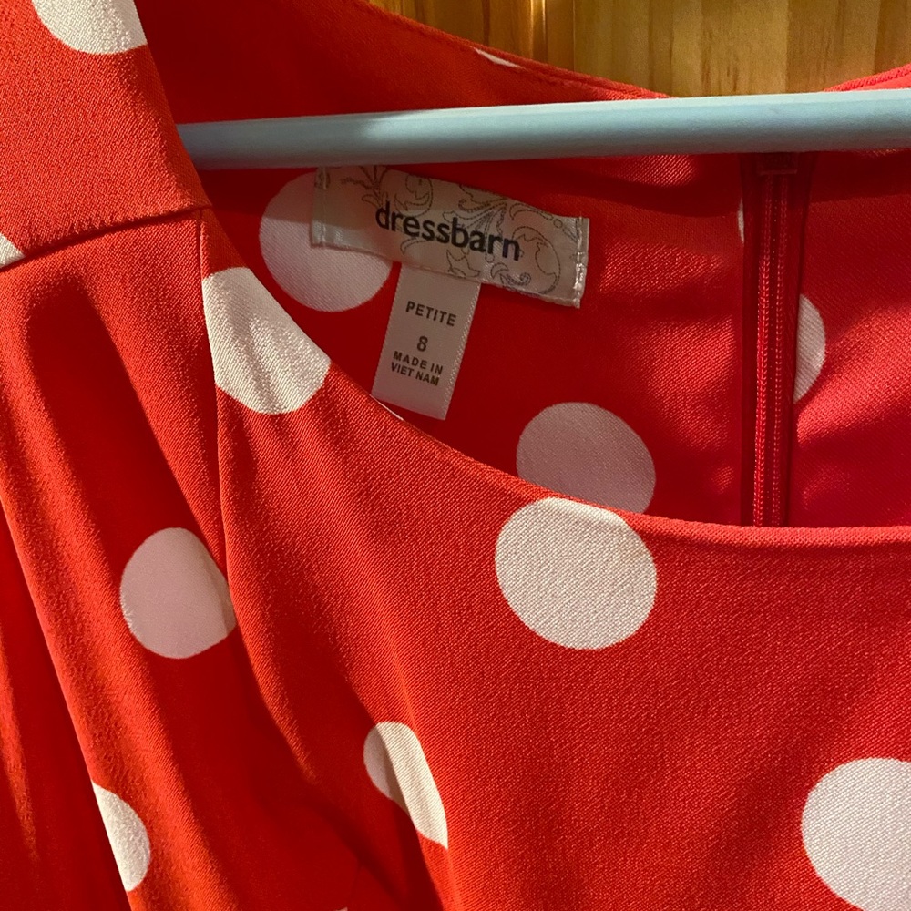 Coral with white polka dot dress with white belt